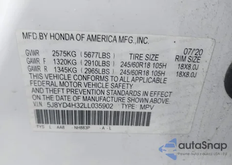 2020 Acura Mdx Standard из США, поврежденный, VIN 5J8YD4H32LL035902